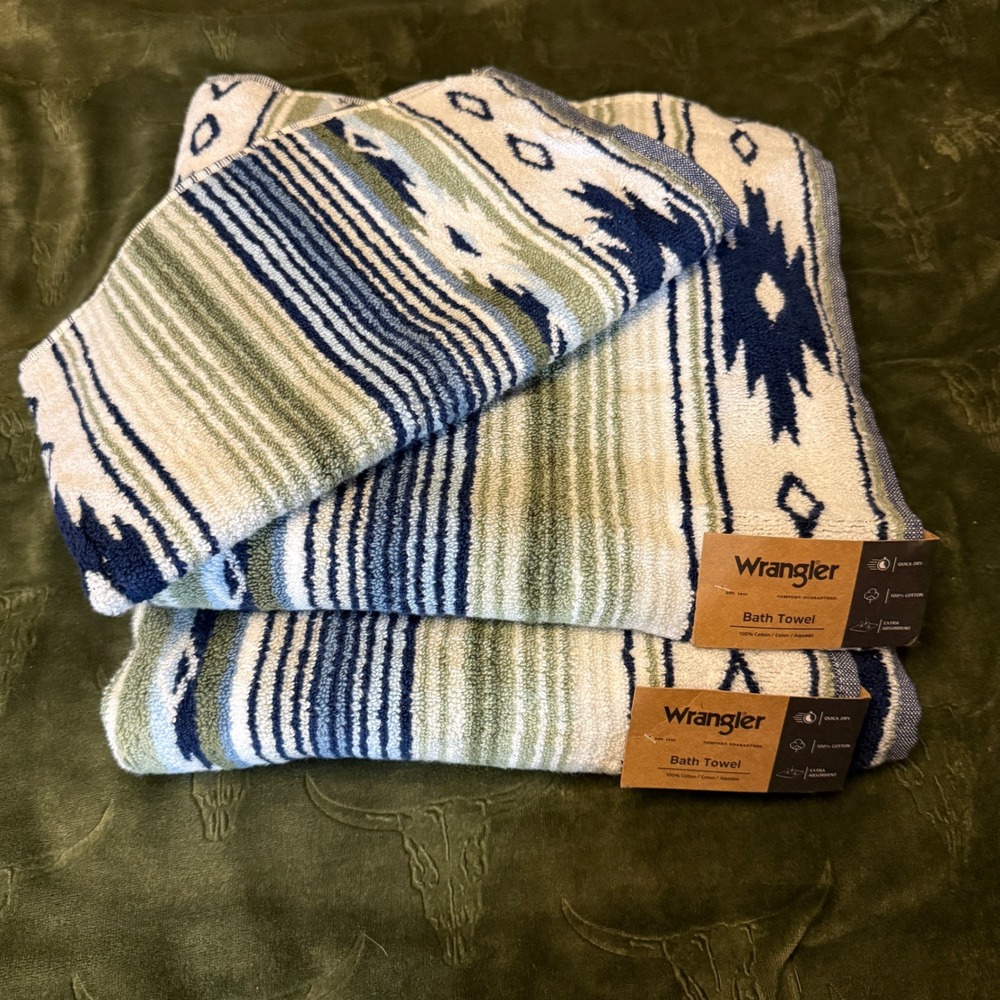 Wrangler Towel Set Unisex OS Coyote Sands Blue NWT Southwestern 3 Piece Cotton